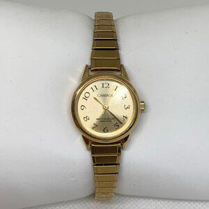 Carriage women watch gold tone 22mm round case quartz analog size 6.5” running